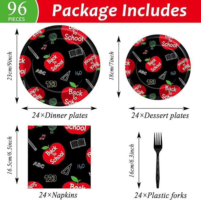 96Pcs Welcome Back to School Plates and Napkins School Season Party Decorations Back to School Dessert Plates Red Apples Tableware Set for 24 Guests Kids Birthday First Day of School Party Supplies