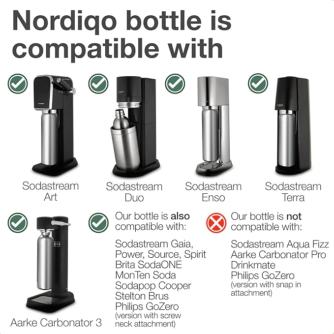 Premium 33 oz Stainless Steel Bottle - Compatible with Sodastream Art, Duo, Enso, Terra (not Aqua Fizz), Aarke Carbonator 3 | No expiration date | Dishwasher safe | Bpa-free