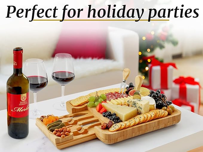 Zulay Kitchen Premium Bamboo Cheese Board Set - Extra Thick Bamboo Charcuterie Board Set with 4 Piece Knife Set - Wooden Cheese Board is Perfect for Charcuterie, Wine and Cheese (Party Set)