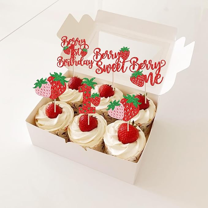 30 Pack Sweet One Cupcake Toppers Glitter First Birthday Strawberry Cupcake Picks for Fruit Baby Shower 1st Birthday Berry One Sweet Cake Decorations Party Supplies Red