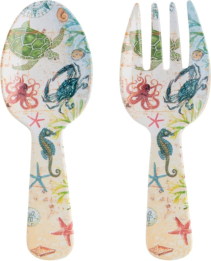 UPware Sea Life Melamine Salad Servers, Serving Utensil Set, Includes Serving Fork and Spoon for Tossing Salad, Multicolor, 10.75 Inch, Set of 2
