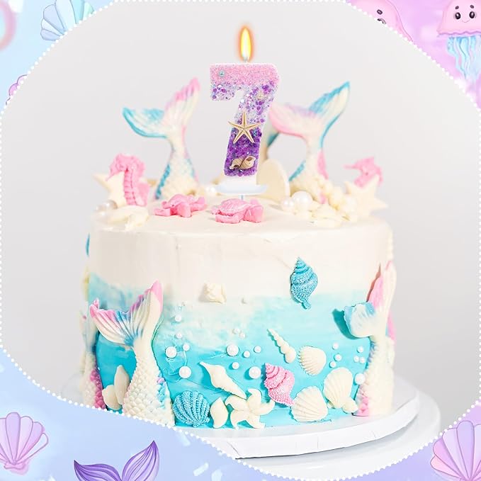 Purple Mermaid Party Number 7 Cake Candles, 2.76 inch Birthday Candle, Cake Topper Decoration for Birthday Party (Number 7)