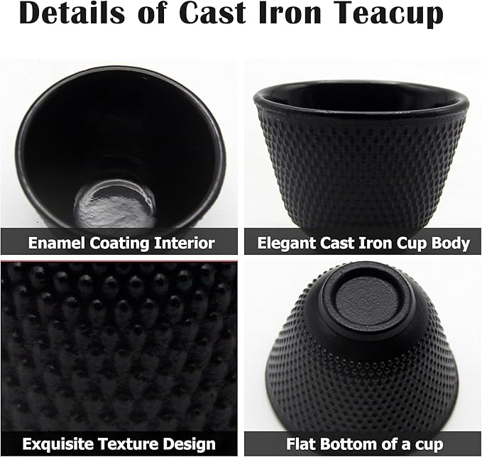 Japanese Cast Iron Tea Cups, Small and Heavy Teacups with no Handles, Japanese Style Cup for Adults, Asian Teacups, Coated with Enameled Interior, 4 Pcs/Box (Black, 2oz/60ml)