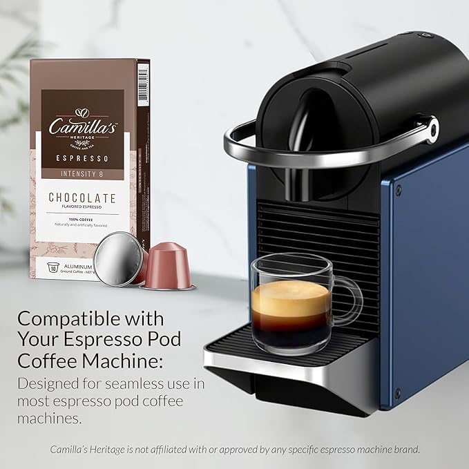 Camilla’s Heritage - Intensity 8 Chocolate Flavored Espresso Coffee, Gourmet Espresso Cups, 60 Coffee Pods