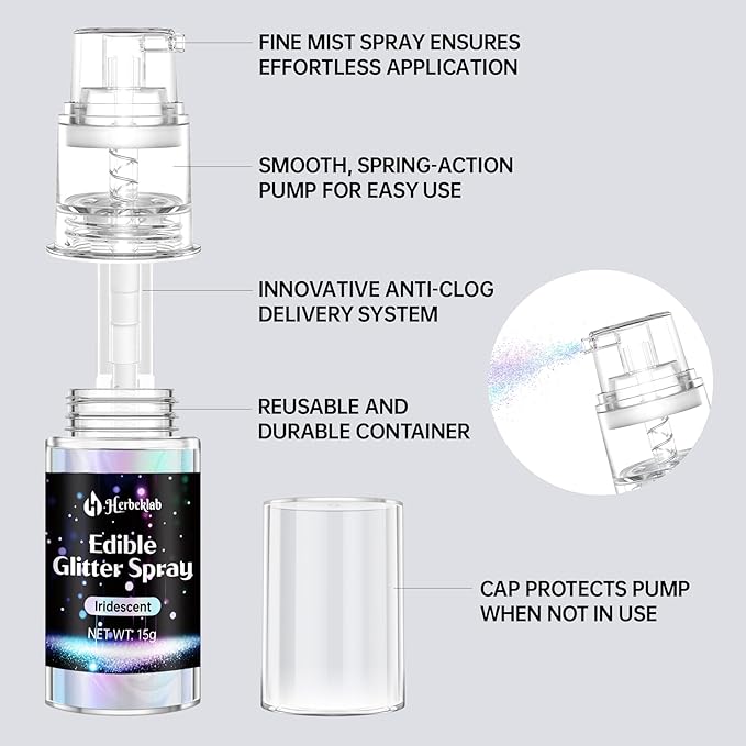 White Edible Glitter Spray - Herbeklab 15g Edible Glitter for Cakes, Food Grade Metallic Shimmer Powder, Edible White Spray for Cookie Decorating, Chocolate, Strawberries