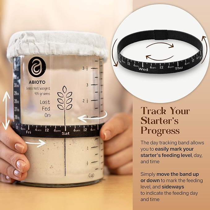 Sourdough Jar Kit, Includes 34 oz Sourdough Starter Jar with Metallic Lid, Silicone Spatula, Feeding Tracker, Extra Thermometer Strips & Breathable Covers ??Sourdough Bread Starter Kit