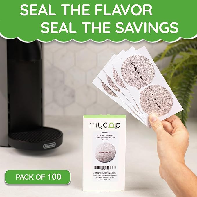 My-Cap Foil Seals for Nespresso Vertuo Pods - Reusable Aluminum Lids to Extend Life of Nespresso VertuoLine Capsules (Pack of 100)
