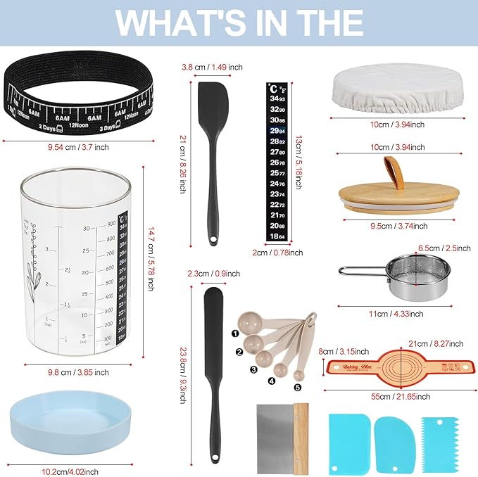 Sourdough Starter Jar,Sourdough Starter Kit with Ounce&ML Scale Line,Date Marked Feeding Band, Thermometer, Sourdough Jar Scraper, Silicone Lid,Cloth Cover & Bamboo Wood Lid(30oz/900ml)