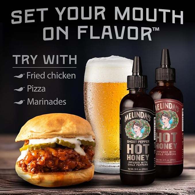 Melinda’s Hot Honey Collection - 10 oz, 2 Pack - Spicy Honey Sauce Variety Pack w/ Classic Hot Honey, Ghost Hot Honey - Sweet & Spicy Infused Honey