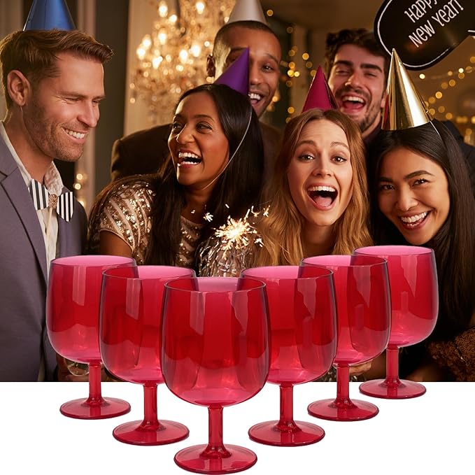 Yalin Set of 6 Unbreakable 12 oz Acrylic Plastic Wine and Water Tumbler Stackable Goblets. (Red, 12 oz)
