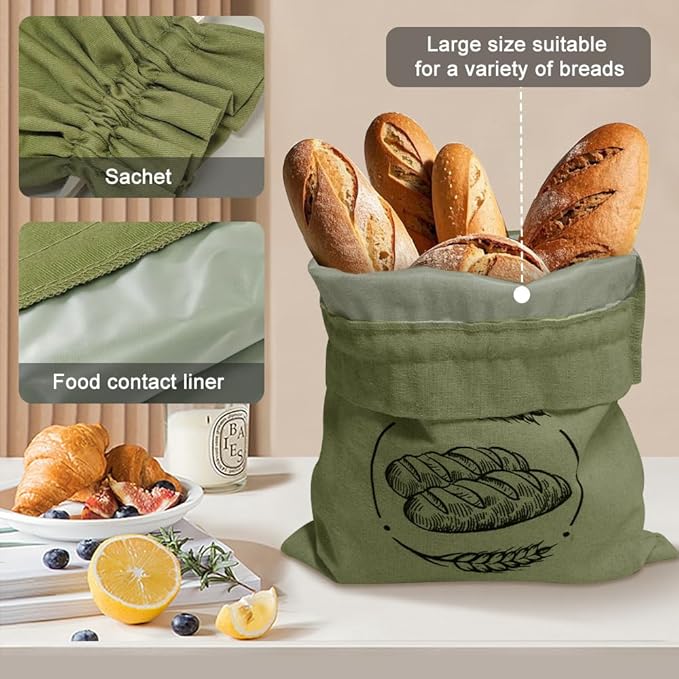 Linen Reusable Bread Bags for Homemade Bread & Sourdough - 2 Pack Breads Bags - 15x12 Inch - Perfect for Baking, Proofing & Fresh Storage - Breads Storage Solution (Green and white)