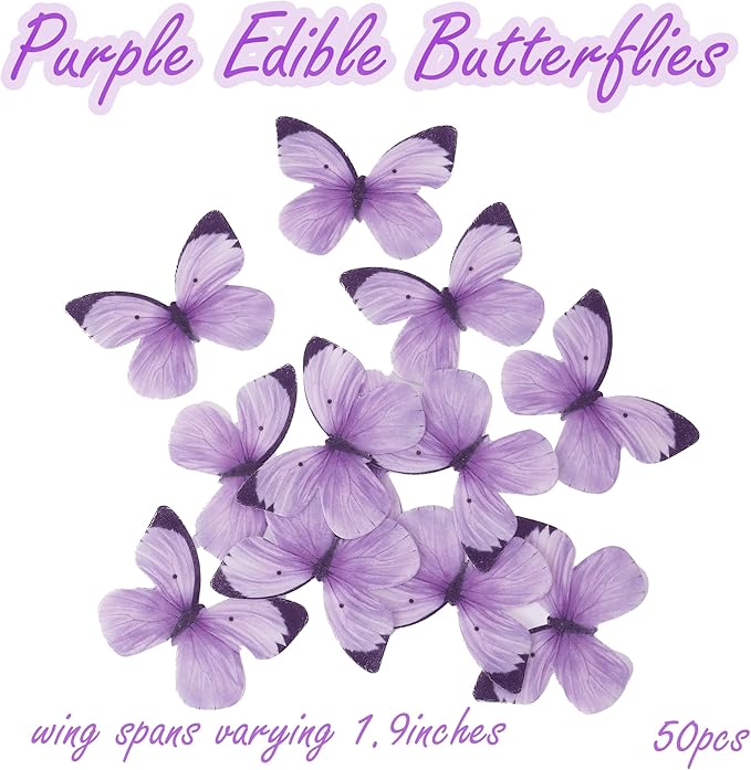 50PCS Edible Butterflies Cake Decorations-Small Pastel Purple Butterfly Cake and Cupcake Toppers Wafer Paper butterfly Decor for Wedding Baby shower Birthday Cake Topper