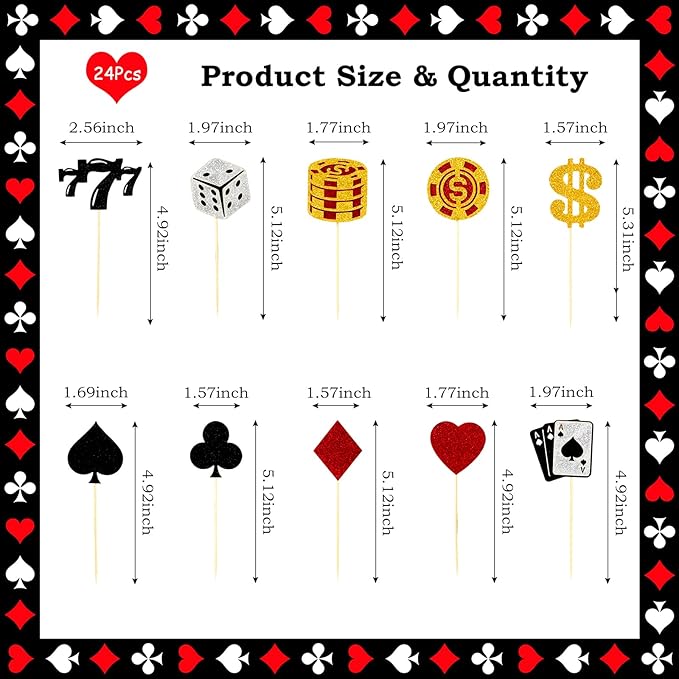24 PCS Casino Cupcake Toppers Glitter Casino Themed Party Decorations with Chips Dice Las Vegas Night Theme Birthday Party Decorations Supplies