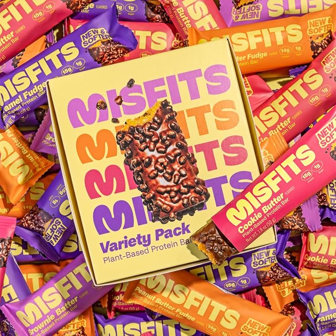 Misfits Vegan Protein Bars - Updated Gluten Free Recipe | Plant Based, Low Sugar & Carb, High Fiber Snacks | Variety Pack of 12 (4 Flavors)
