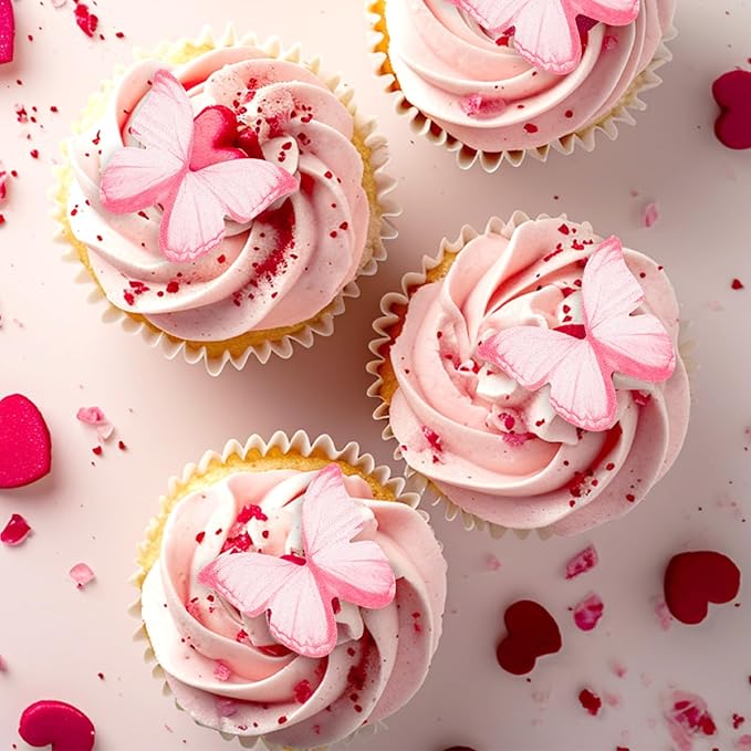 60PCS Wafer Paper Butterflies Cupcake Toppers, Pink Edible Butterflies for Cake Decorating, Edible Cupcake Decorations for Birthday Cake Decorations Anniversary Wedding Baby Shower