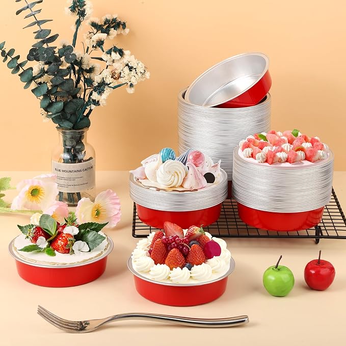 Beasea Disposable Baking Cups, 100 Pack 7.3oz 215ml Aluminum Ramekins Foil Baking Cups 4" Ramekin Cup No Lids Cupcake Aluminum Mini Baking Cups for Party - Bright Red