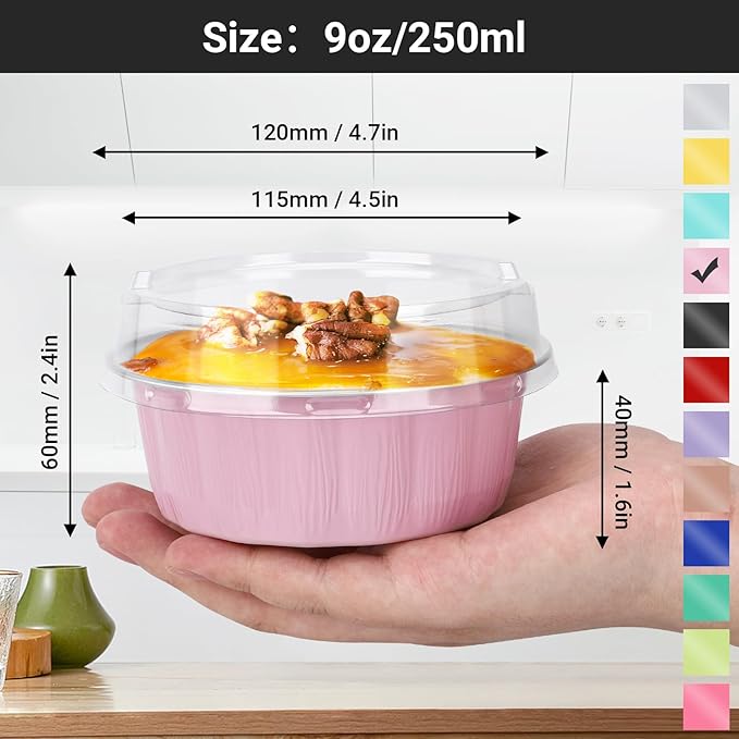 EUSOAR Muffin Liners, 25pcs 9oz Pink Creme Brulee Disposable Ramekins Cake Storage Container, Cake Pans with Lids Cups Cupcakes Bread Pudding Round Holders for Wedding Birthday Theme Party