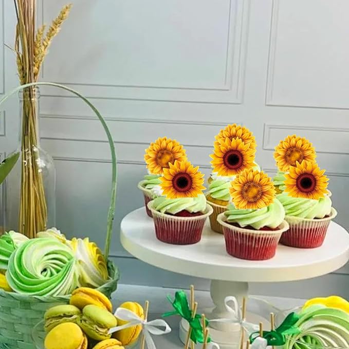 40Pcs Edible Sunflower Cupcake Toppers Wafer Paper Flower Themed Party Birthday Toppers Drink Topper Picks Girl Birthday Theme Cake Decorations for Supplies Anniversary Party Decoration