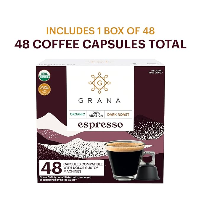 G GRANA Espresso USDA Organic Dolce Gusto Compatible Coffee Pods, 100% Arabica Single Source Specialty Coffee, 48 Single Serve Pods