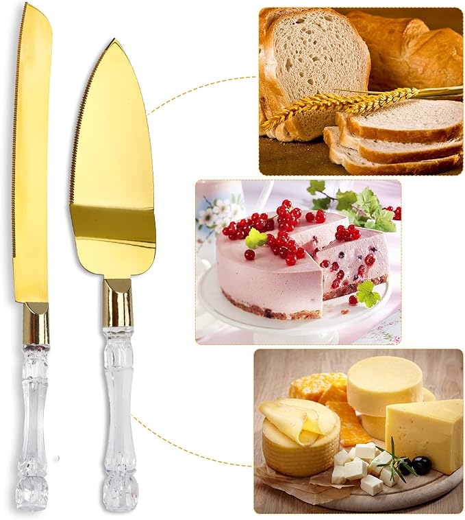 2PCS/Set Wedding Cake Knife and Server Set, Cake Cutting Set for Wedding with Faux Crystal Handles & Premium 410 Stainless Steel Blades for Wedding Cake, Birthdays, Anniversaries, Parties