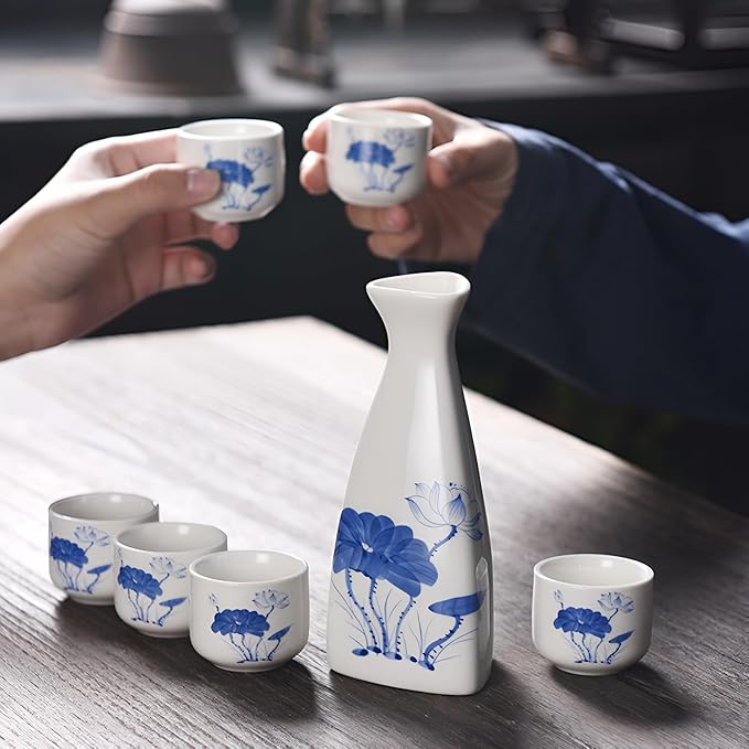 Ceramic Sake Set, Ceramic Soju Set, Japanese Sake Set Traditional, Saki Cup Set with 1 Tokkuri Bottle (5 oz) and 6 Ochoko Cups (1.2 oz), Japanese Glazed, for Hot or Cold Sake