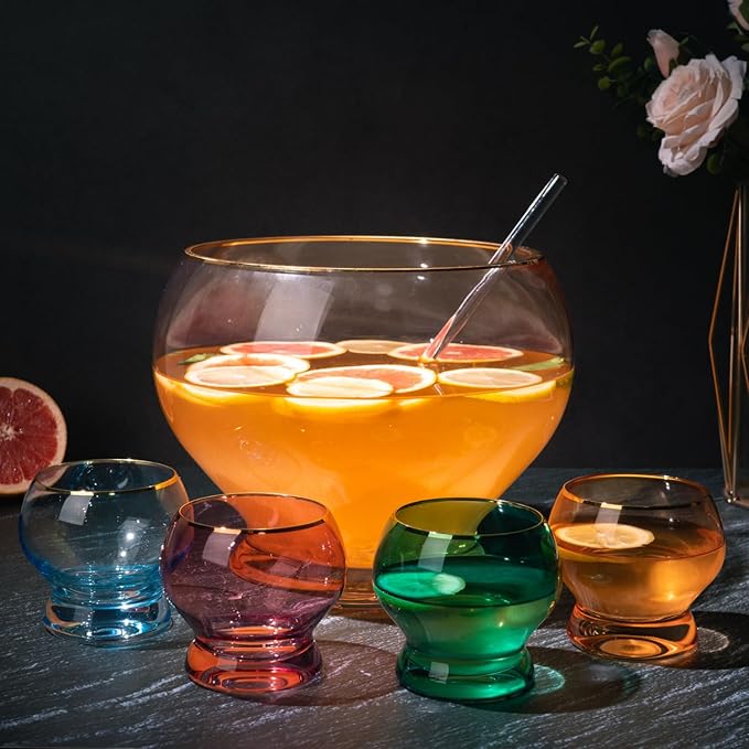 Colorful 1.7 Gallon Punch Bowl with 4 10oz Glasses Set with Ladle Gift For Mothers Day, Her, Wife, Mom, Friend - Colored Set Cocktails, Margarita, Juice, Punch Drink bowl for Parties, Weddings