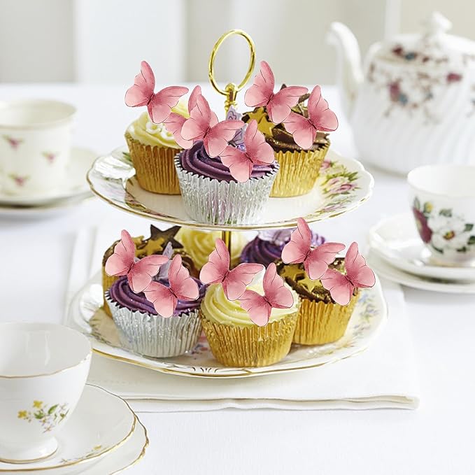 48PCS Edible Cupcake Toppers - Wafer Paper Edible Butterfly Cake Decorations for Butterfly Theme Baby Shower Birthday Wedding Party Supplies - Pink