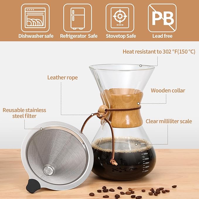 Pour Over Coffee Maker 34 OZ, 10 Cup Borosilicate Glass Drip Coffee Maker with Reusable Stainless Steel Filter and Cork Grip for Home Caf챕 1000 ML