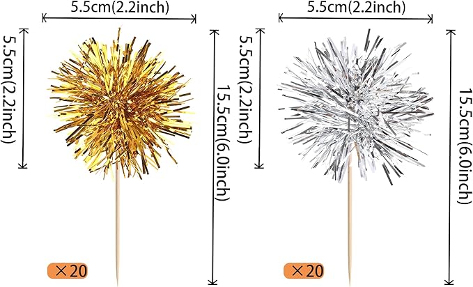 40 PCS Foil Firework Cupcake Toppers Sparkle Tinsel Cupcakae Picks Foil Firework Party Decorations Cocktail Fruit Toothpick for Fireworks Theme Birthday Wedding Graduation Party Decoration Gold Silver