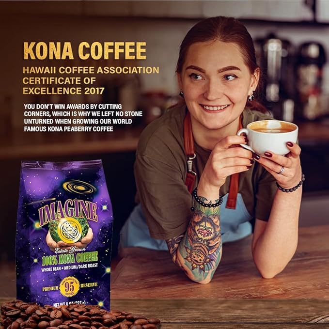 Imagine Kona Organic Coffee Beans | Arabica Kona Beans | Top Grade Air Roasted | Medium Dark Roast | Organic Whole Bean - 8oz