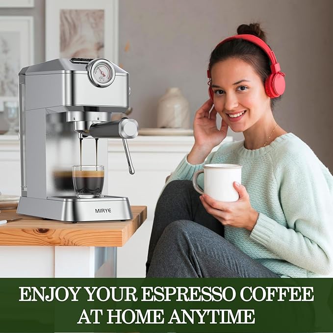 Espresso Machine 20 Bar - Stainless Steel Silver Coffee Maker for Home & Office, Compact with Fast Heating, High-Pressure & Removable Water Tank for Coffee Lovers