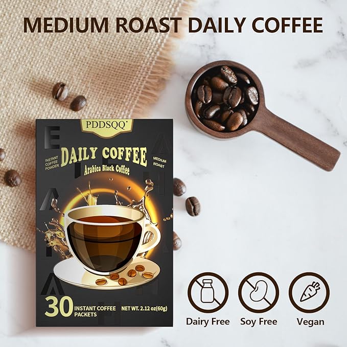 Instant Coffee Packets 30 Packs, Medium Roast Sugar Free Black Coffee Single Serve, 100% Arabica Beans (2oz / 60g), Hot or Iced Instant Coffee Powder Bulk for Camping Fitness Office Holiday Gifts