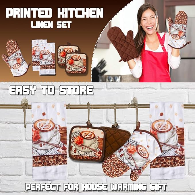 Lobyn Value Packs: 5-Piece Caf챕 Latte Kitchen Towel Set ??Quilted Oven Mitt & 2 Potholders, Perfect for Coffee Lovers