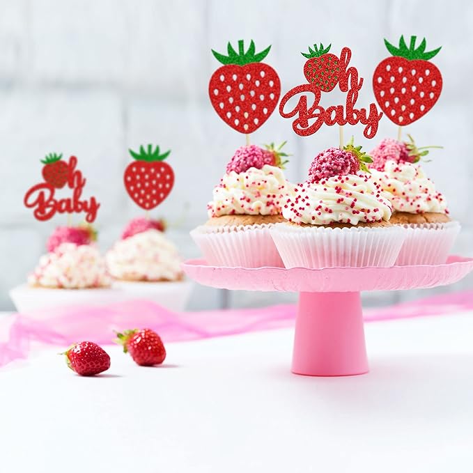 24Pcs Strawberry Oh Baby Cupcake Toppers Glitter Fruit Theme Babyshower Strawberry Cupcake Picks for Gender Reveal Baby Shower Kids Boys Girls Birthday Party Cake Decorations Supplies