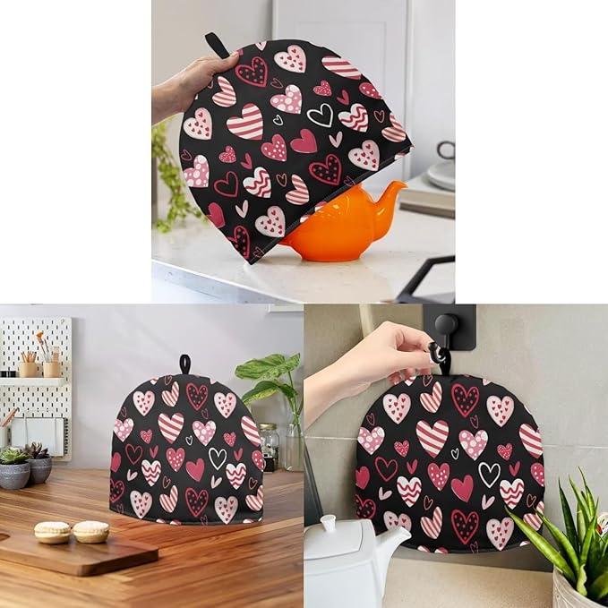 Valentine's Day Heart Roses Tea Cosy Kitchen Home Decorative Tea Pot Dust Cover Thermal Insulation & Heat Preservation Tea Cozies for Home Kitchen Valentine's Decor & Gift