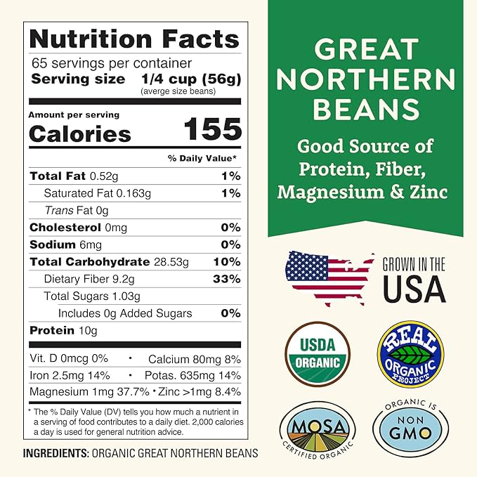 Organic Great Northern Beans 5lb Bulk by Doudlah Farms - Farmed From Regenerative Soil - Tested Clean Certified - Vegan, Non-GMO, Grown In USA - Fiber & Protein for Soups, Burritos, Salads, and Chili