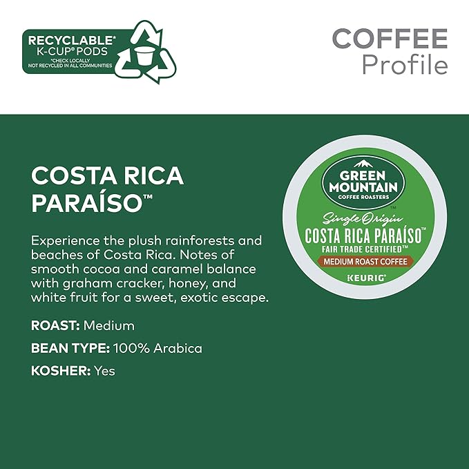 Green Mountain Coffee Roasters Costa Rica Paraiso Single-Serve K-Cup Pods, Medium Roast Coffee, 72 Count