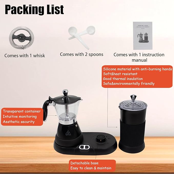 Espresso Maker with Milk Frother Electric Moka Pot 2-in-1 Espress Machine Aluminium One-Touch Operation Milk Froth Fine and Dense Black 110V