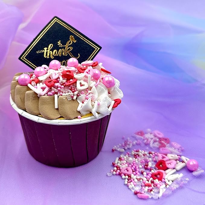 Valentines Sprinkles for Cake Decorating, 7oz Pink Heart Jimmies Pearl Sprinkles for Valentines Cookie Baking Cupcake Topping