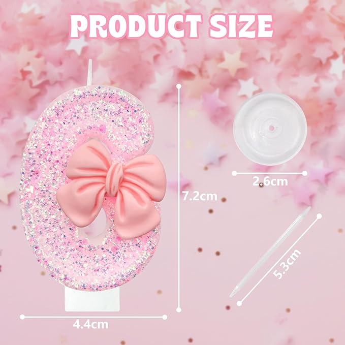 Birthday Cake Candles, Pink Glitter with Bow Cake Candles, Birthday Party Cake Toppers, Cute Birthday Candle Decorations (6)