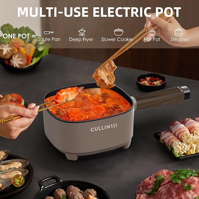 2L Hot Pot Electric with Steamer, Portable Electric Pot with Upgrade Honeycomb Nonstick Coating for Dorm, Office, Travel, Multi Cooker Pot for Ramen, Soup, Oatmeal (Tongs Included)