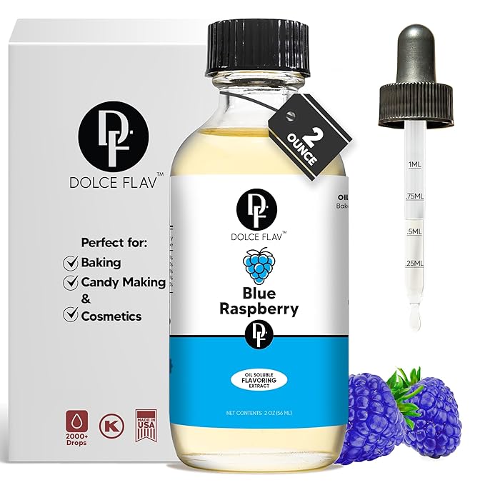 Dolce Flav Blue Raspberry Extract ??2 Ounce Oil-Soluble Kosher, Sugar-Free, Concentrated Blue Raspberry Flavoring for Baking, Chocolates & Desserts, Includes Measured Dropper