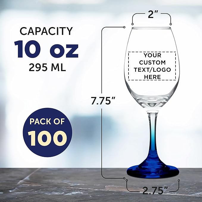 Custom Rioja Wine Glasses with Stem 10 oz. Set of 100, Personalized Bulk Pack - Color Bottom, Perfect for Wedding, Party Favors, Birthday, Bridal Shower Gifts - Blue