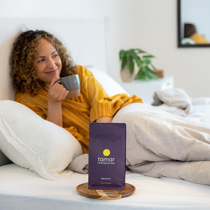 Tamar Date Coffee | Organic Ground Blend of Coffee & Whole Dates | Low Acid | Half Caffeine | Nutrient Rich | Boost of Energy | Medium Roast | 12oz bag