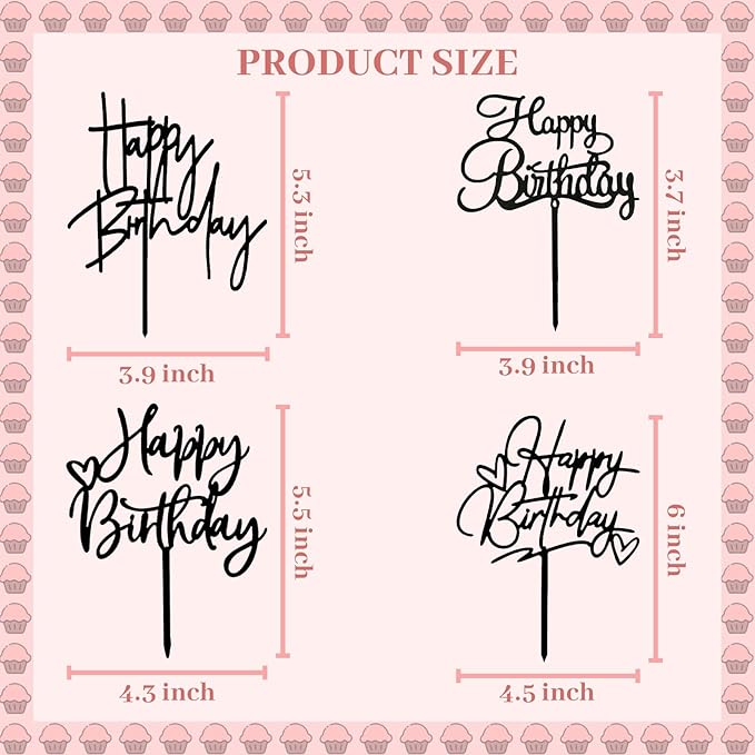 ZHENGYE Happy Birthday Cake Topper Set 4 PCS Black Happy Birthday Cupcake Toppers Acrylic Cake Toppers Decoration For Women Men Baby Shower Birthday Party Decoration Supplies