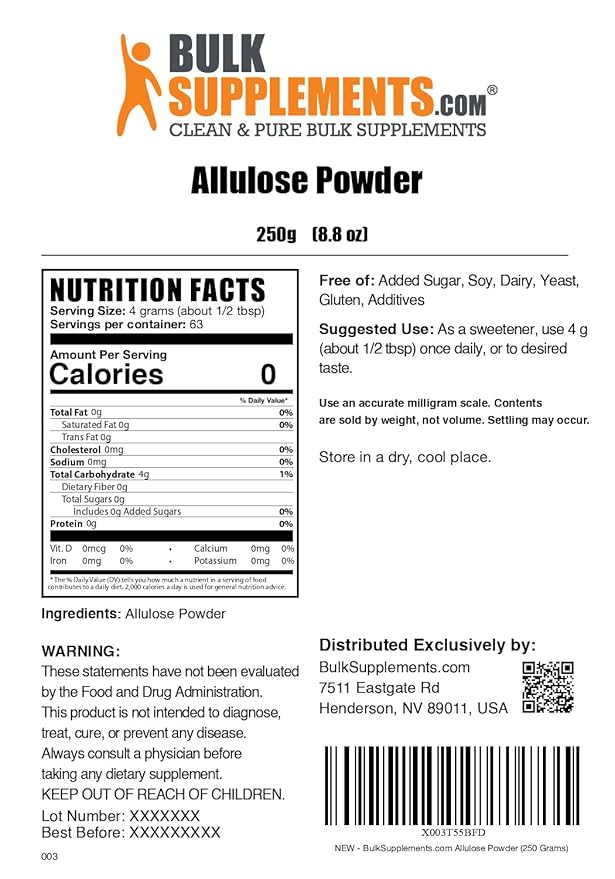 BulkSupplements.com Allulose Powder - Allulose Sweetener, Sugar Substitutes for Baking, Sugar Alternative - Pure & Gluten Free, 4g per Servings, 250g (8.8 oz) (Pack of 1)