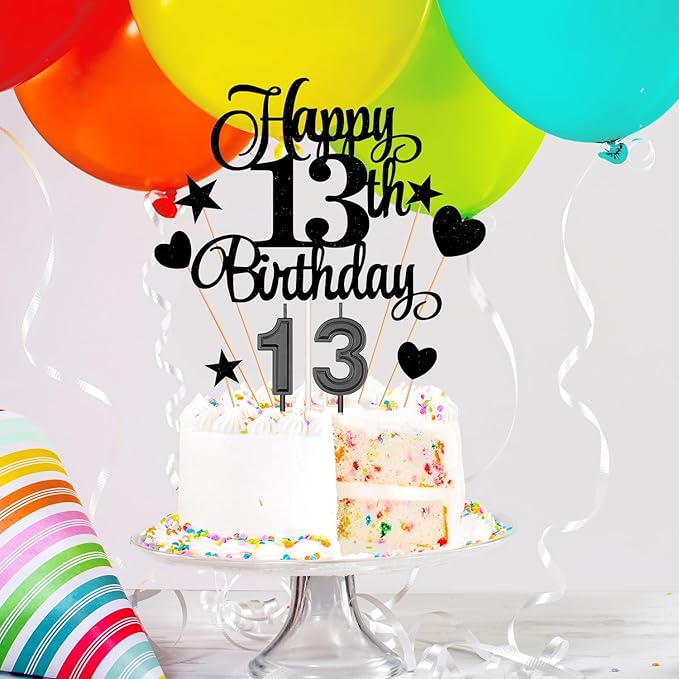 13th Birthday Cake Decorations Set Include 13th Birthday Candles Numeral 13 Cake Candles and Happy 13th Birthday Cake Toppers with Heart Star Cupcake Picks for Birthday Party (Black Series)