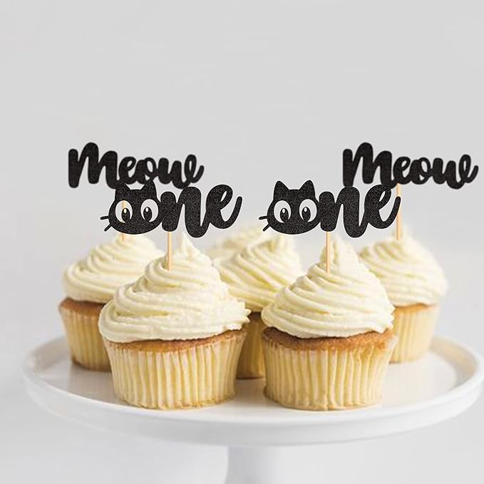 24Pcs Cat One Cupcake Toppers Black Glitter Meow Kitten First Birthday Cupcake Picks for Cat Lover Kitten Theme Baby Shower Kids 1st Birthday Wedding Party Supplies