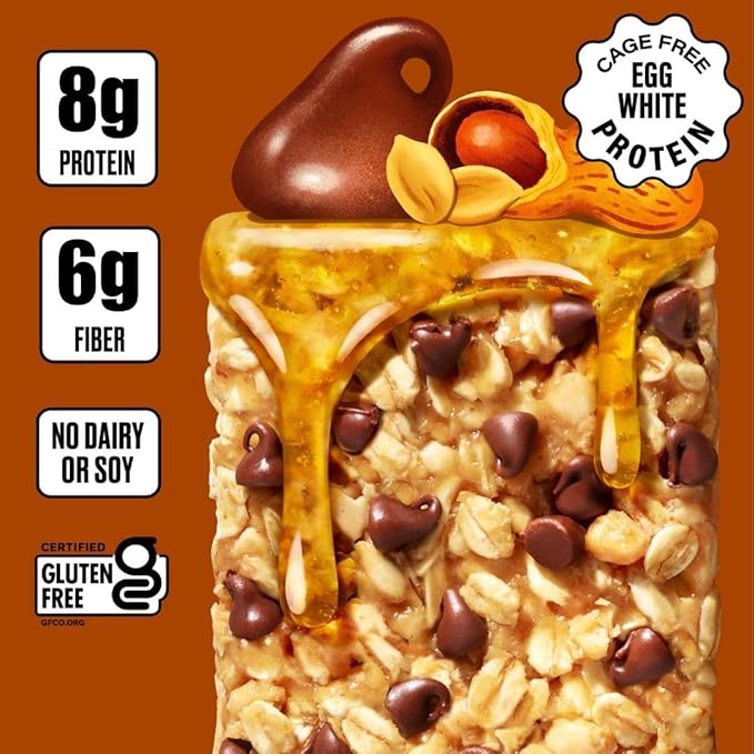 Over Easy Peanut Butter Dark Chocolate Soft and Chewy Oatmeal Breakfast Bars - Granola and Protein Bars - 12 Energy Snack Bars - Clean, Gluten Free, Dairy Free, Soy Free and Kosher