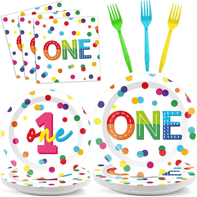 96pcs Rainbow 1st Birthday Plates and Napkins Confetti Happy Birthday Party Decorations with Polka Dot Confetti Dessert Plates Colorful 1st Tableware for 24 Guests 1 Year Old Party Supplies